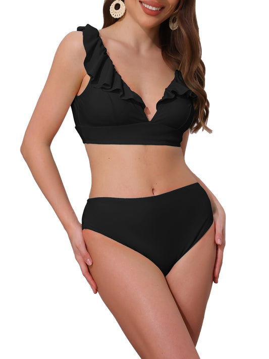 Women's Ruffle Trim V Neck Wide Strap Drawstring Tie Back Top Triangle Bottom 2 Piece Bikini Set