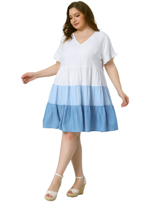 Women's Plus Size Babydoll Ruffle Short Sleeve Casual Loose Flowy Swing Hem Chambray V Neck Mini Dress