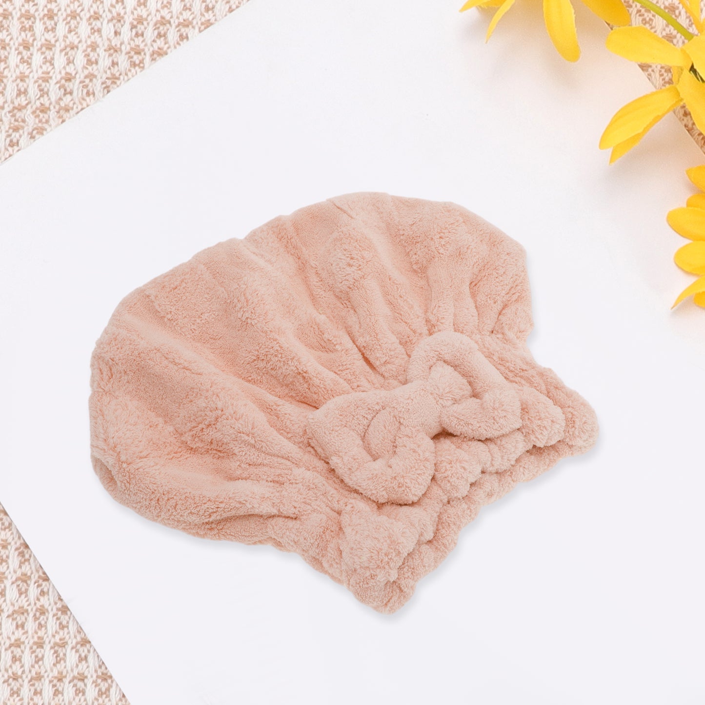 1 Pc Comfortable Bow Hair Towel Drying Hair Cap for Bathroom Light Brown