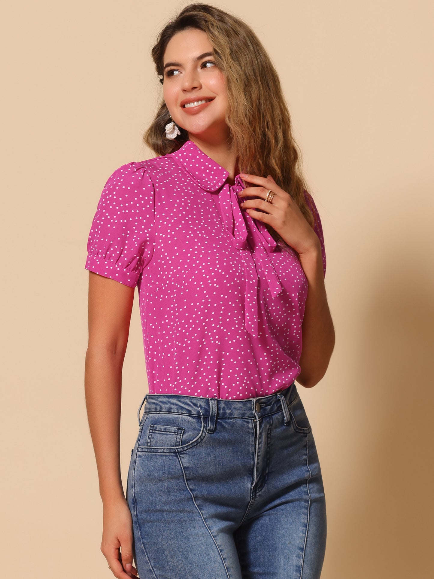Women's Retro Printed Bow Tie Peter Pan Collar Chiffon Blouse Shirt