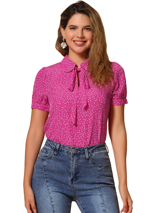 Blusa de gasa con cuello Peter Pan y pajarita estampada retro para mujer