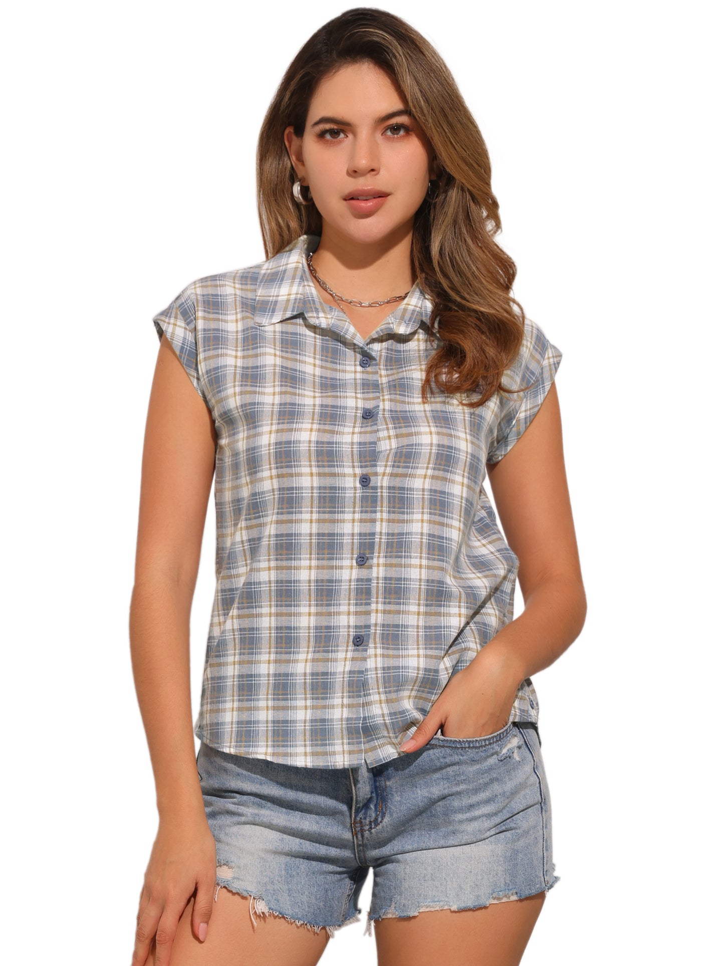 Women's Summer Plaid Cap Sleeves Button Down Shirt