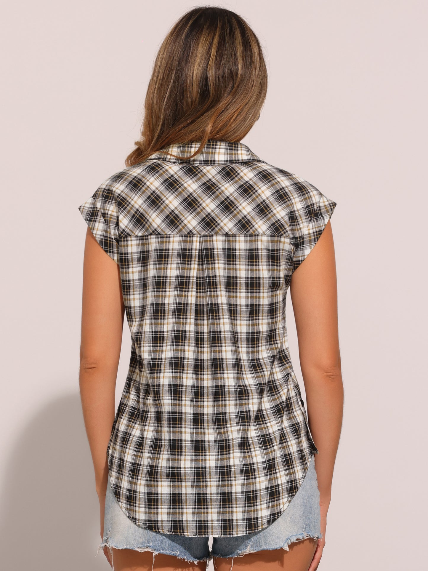 Women's Summer Plaid Cap Sleeves Button Down Shirt