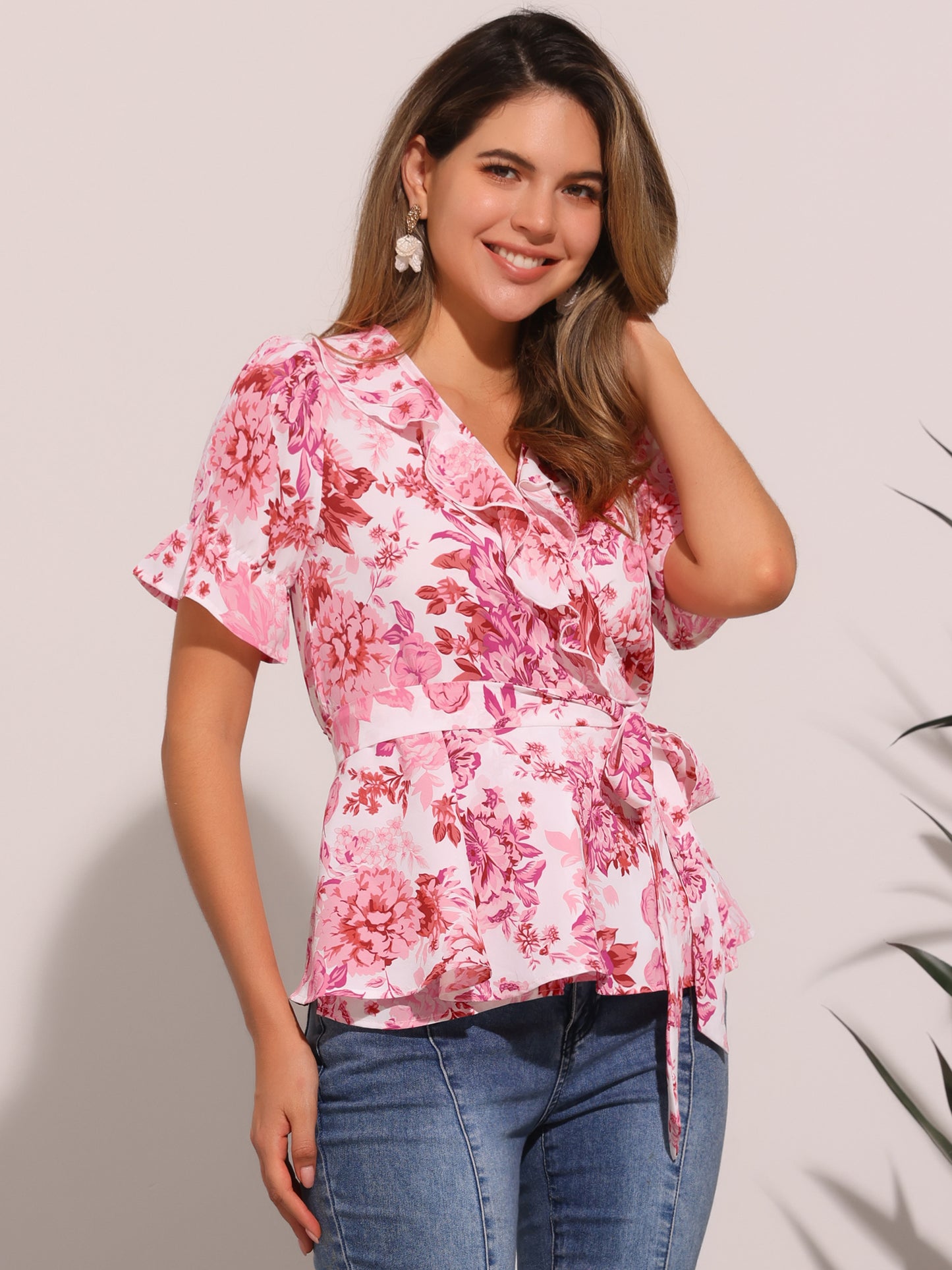 Women's Wrap Blouse Floral Short Sleeve Ruffle V Neck Belted Peplum Top