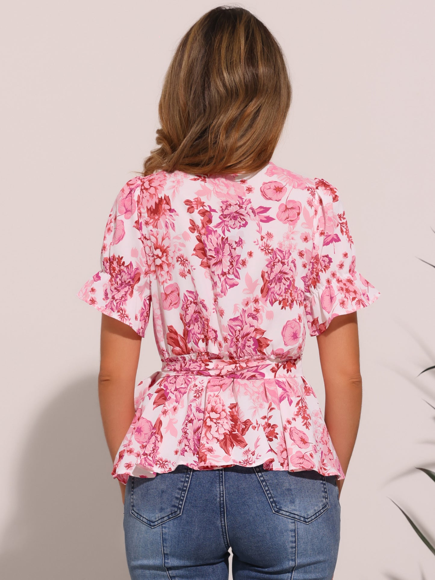 Women's Wrap Blouse Floral Short Sleeve Ruffle V Neck Belted Peplum Top