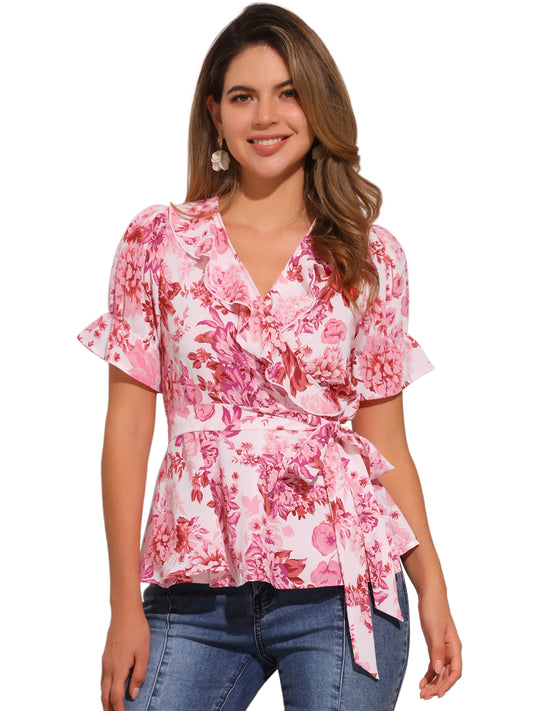 Women's Wrap Blouse Floral Short Sleeve Ruffle V Neck Belted Peplum Top