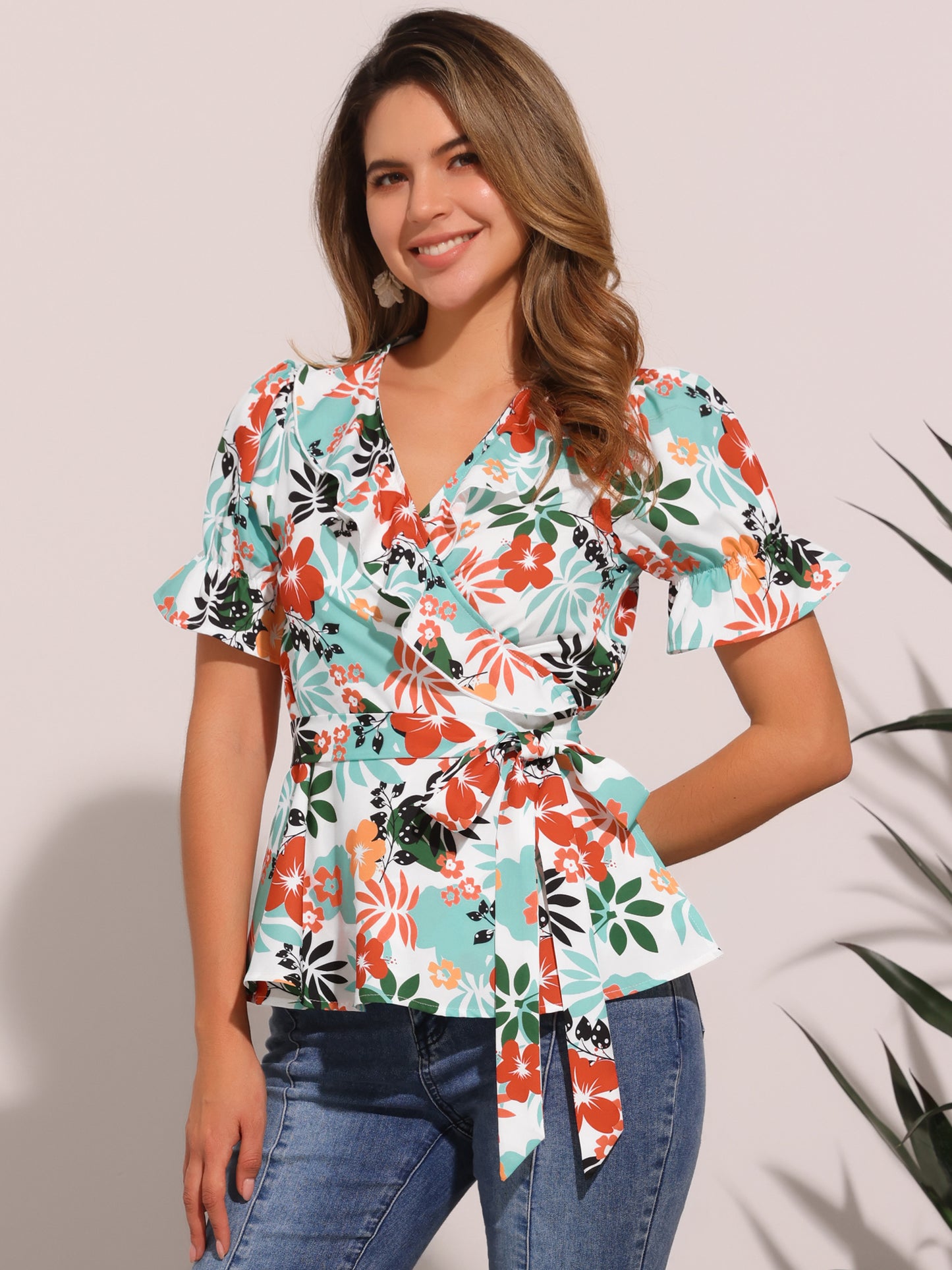 Women's Wrap Blouse Floral Short Sleeve Ruffle V Neck Belted Peplum Top