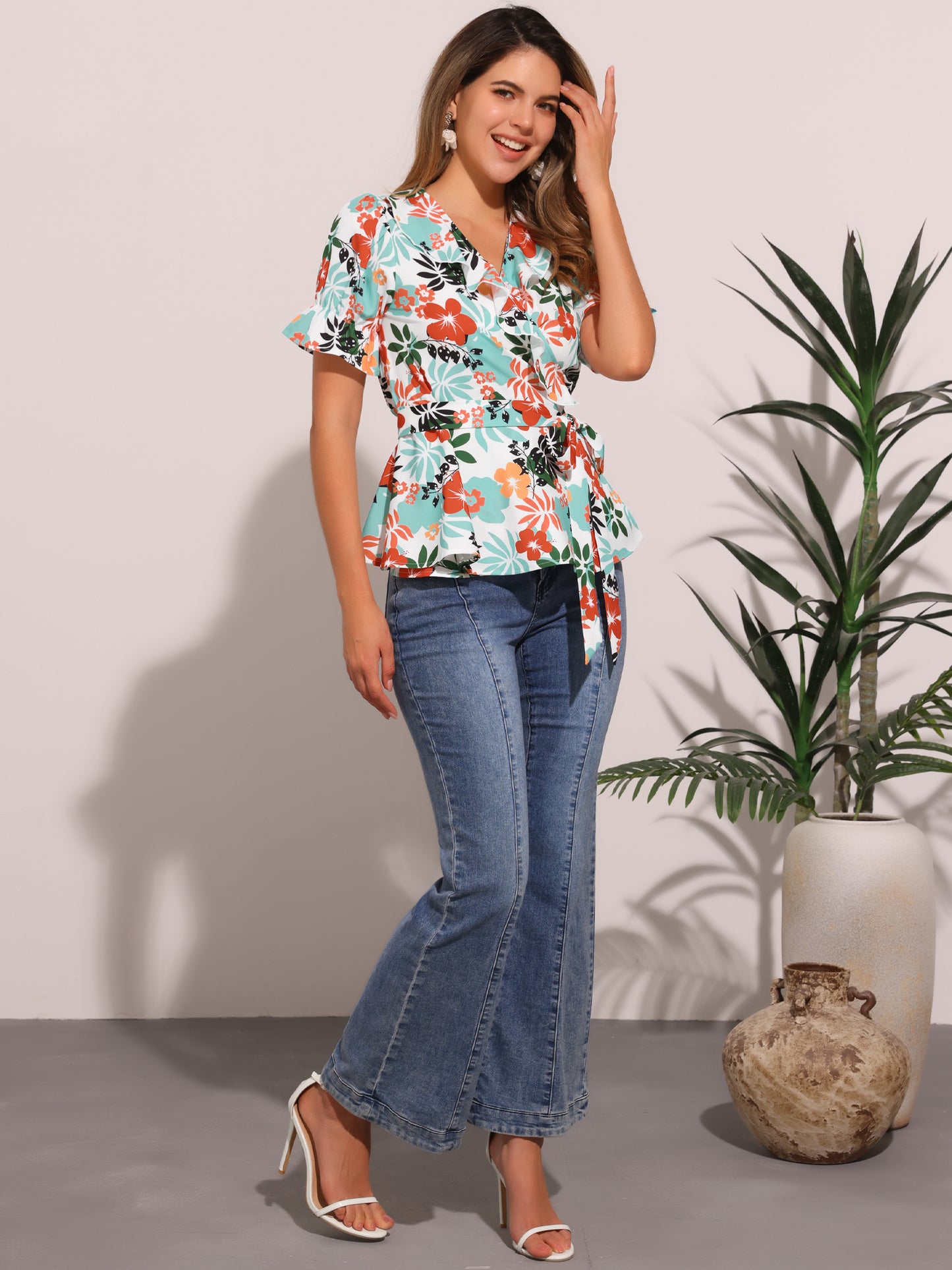 Women's Wrap Blouse Floral Short Sleeve Ruffle V Neck Belted Peplum Top