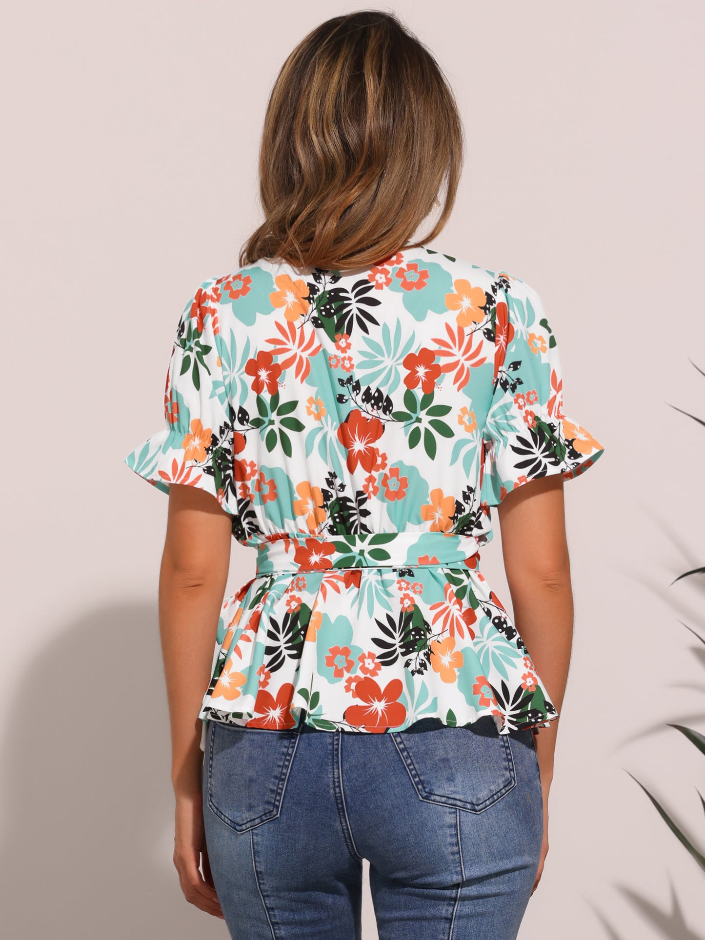 Women's Wrap Blouse Floral Short Sleeve Ruffle V Neck Belted Peplum Top