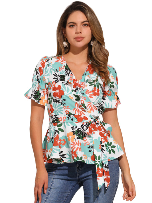 Women's Wrap Blouse Floral Short Sleeve Ruffle V Neck Belted Peplum Top