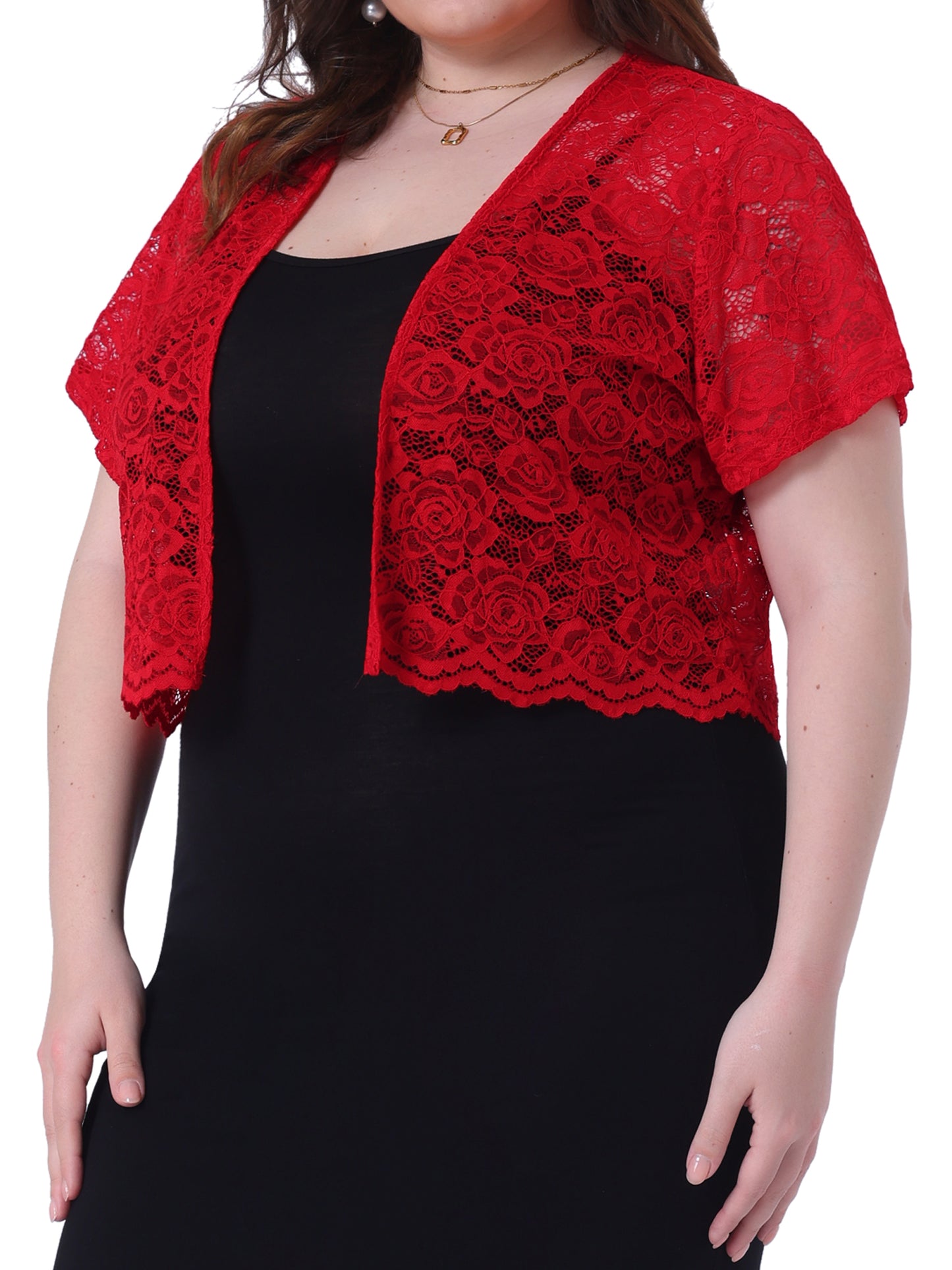 Women Plus Size Bolero Shrugs Open Front Short Sleeve Crochet Lace Cropped Cardigans