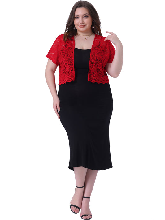 Women Plus Size Bolero Shrugs Open Front Short Sleeve Crochet Lace Cropped Cardigans