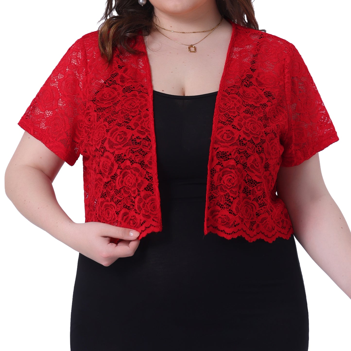 Women Plus Size Bolero Shrugs Open Front Short Sleeve Crochet Lace Cropped Cardigans