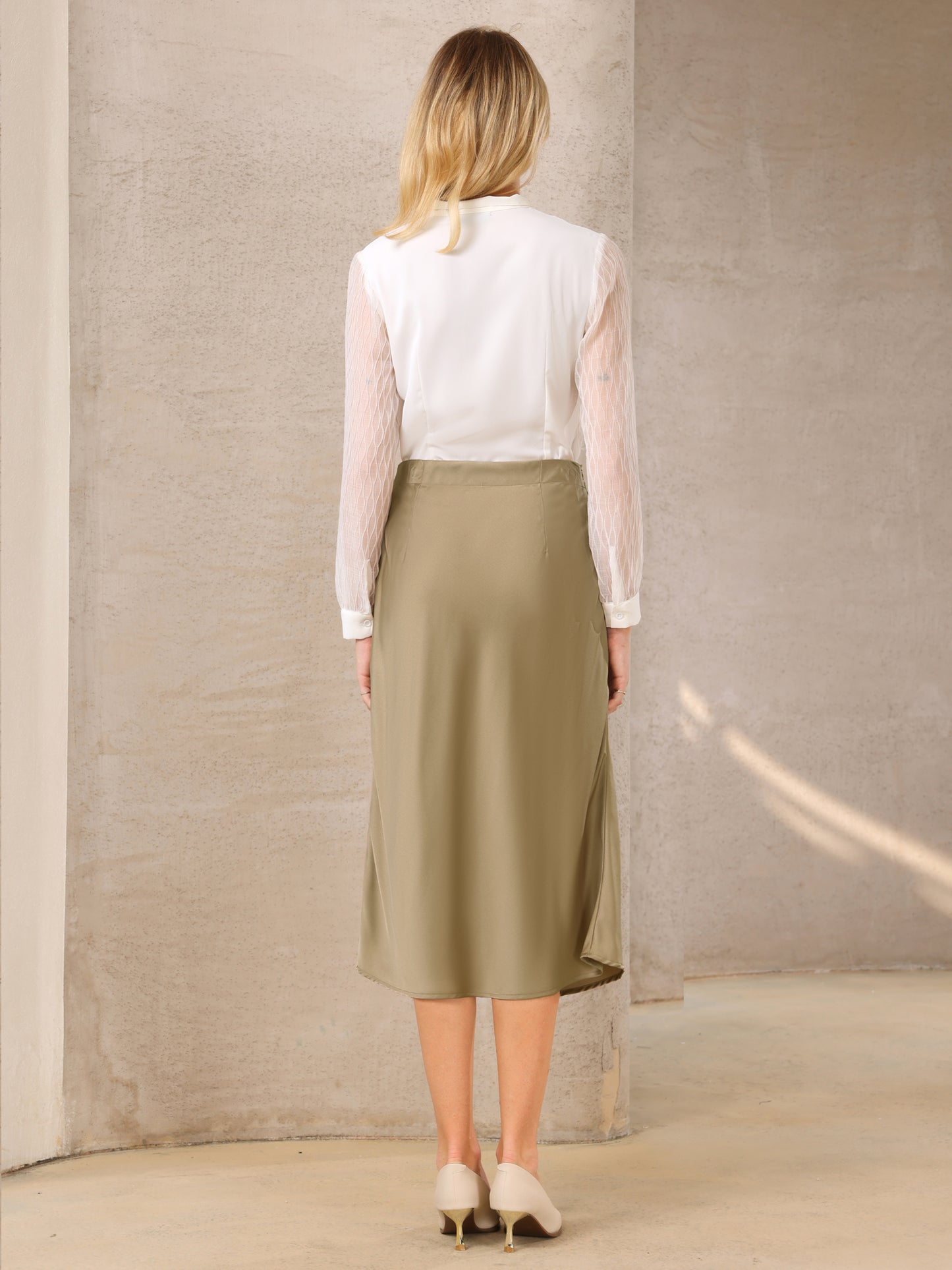 Women's Satin Elegant Work Elastic Waist Silky Midi A-Line Skirt
