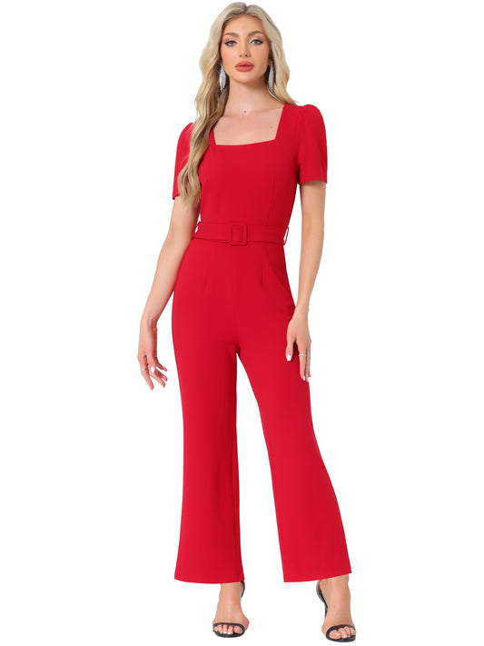 Mono de trabajo elegante para mujer, con cuello cuadrado, manga corta abullonada, holgado y pierna ancha