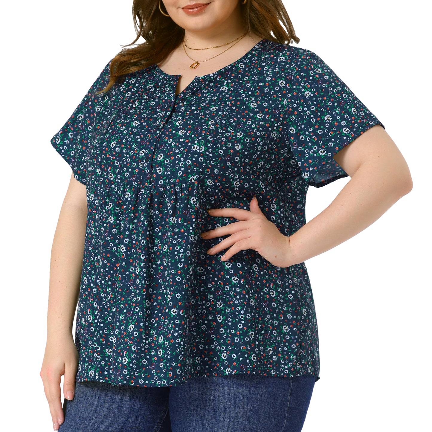 Women's Plus Size Summer Top Floral Half Placket Short Sleeve Blouse