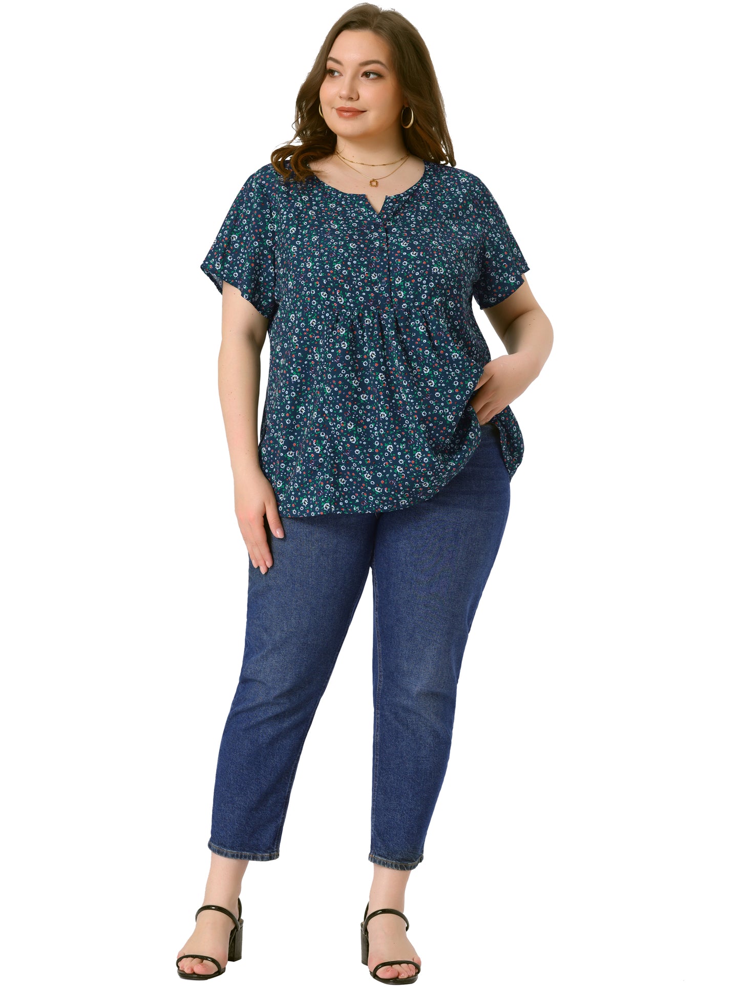 Women's Plus Size Summer Top Floral Half Placket Short Sleeve Blouse