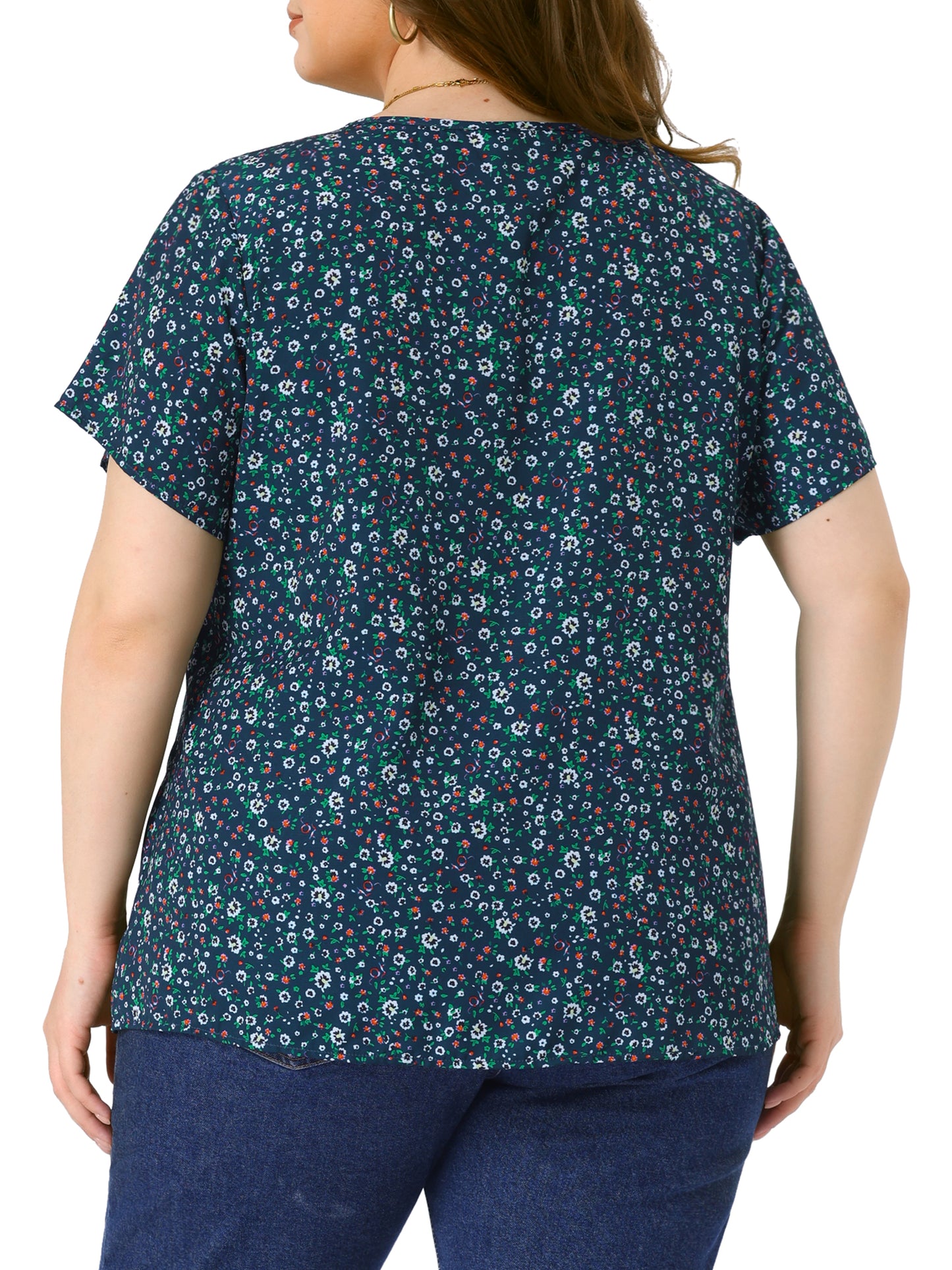 Women's Plus Size Summer Top Floral Half Placket Short Sleeve Blouse