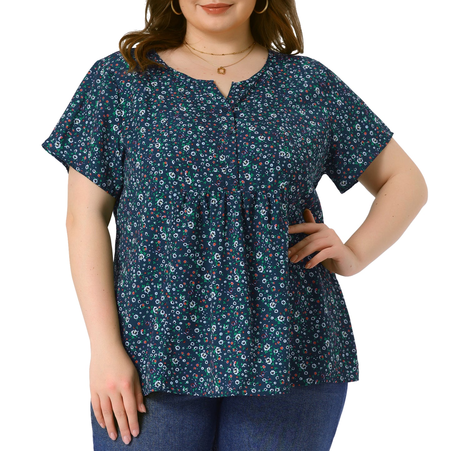 Women's Plus Size Summer Top Floral Half Placket Short Sleeve Blouse