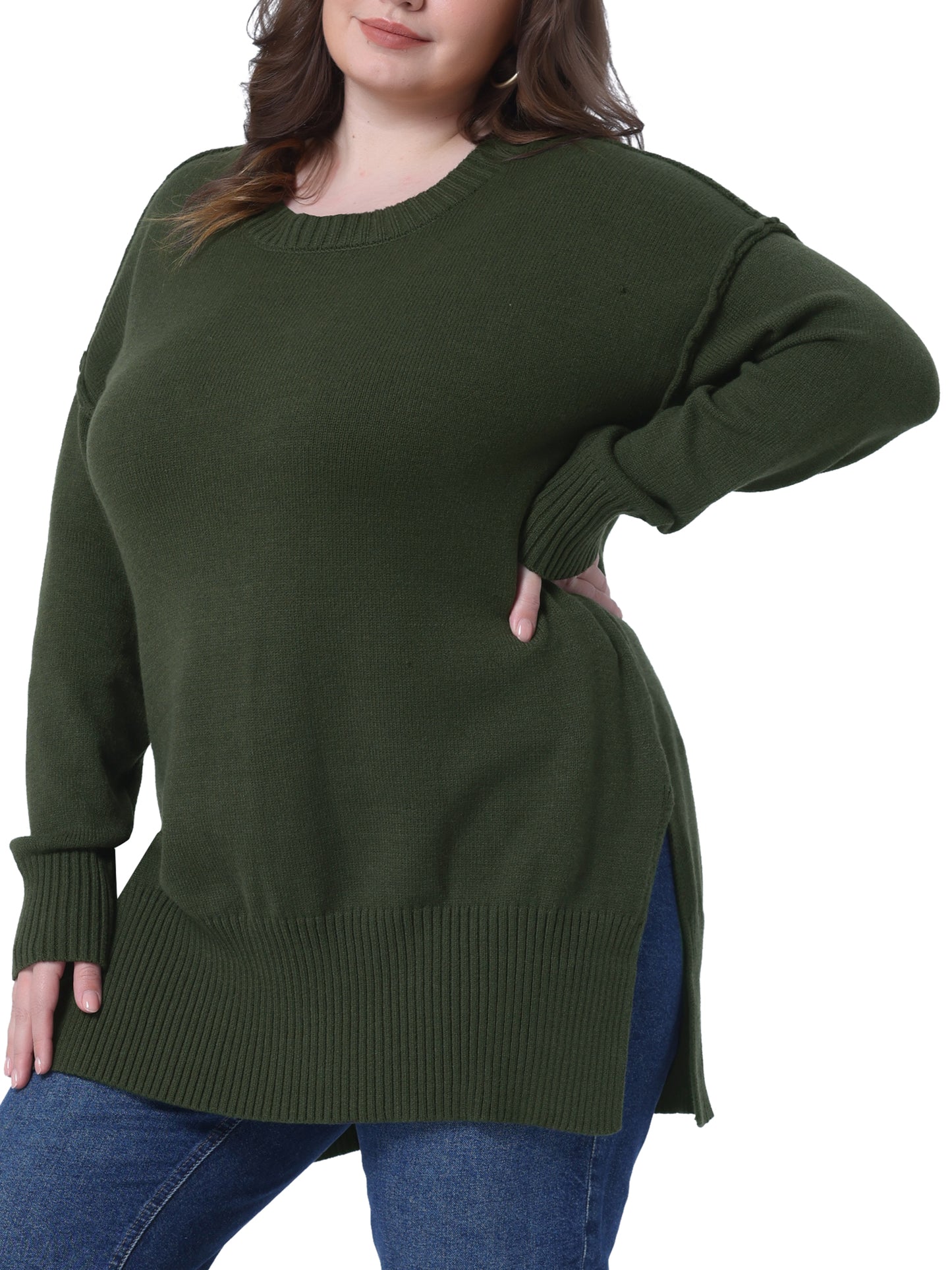 Women Plus Size Sweater Oversized Crew Neck Long Sleeve Slit hem Knit Pullover Sweater Tops