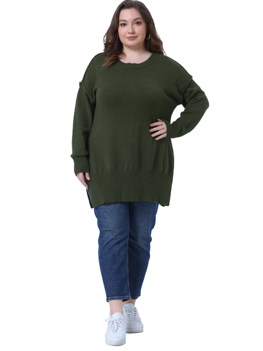 Women Plus Size Sweater Oversized Crew Neck Long Sleeve Slit hem Knit Pullover Sweater Tops