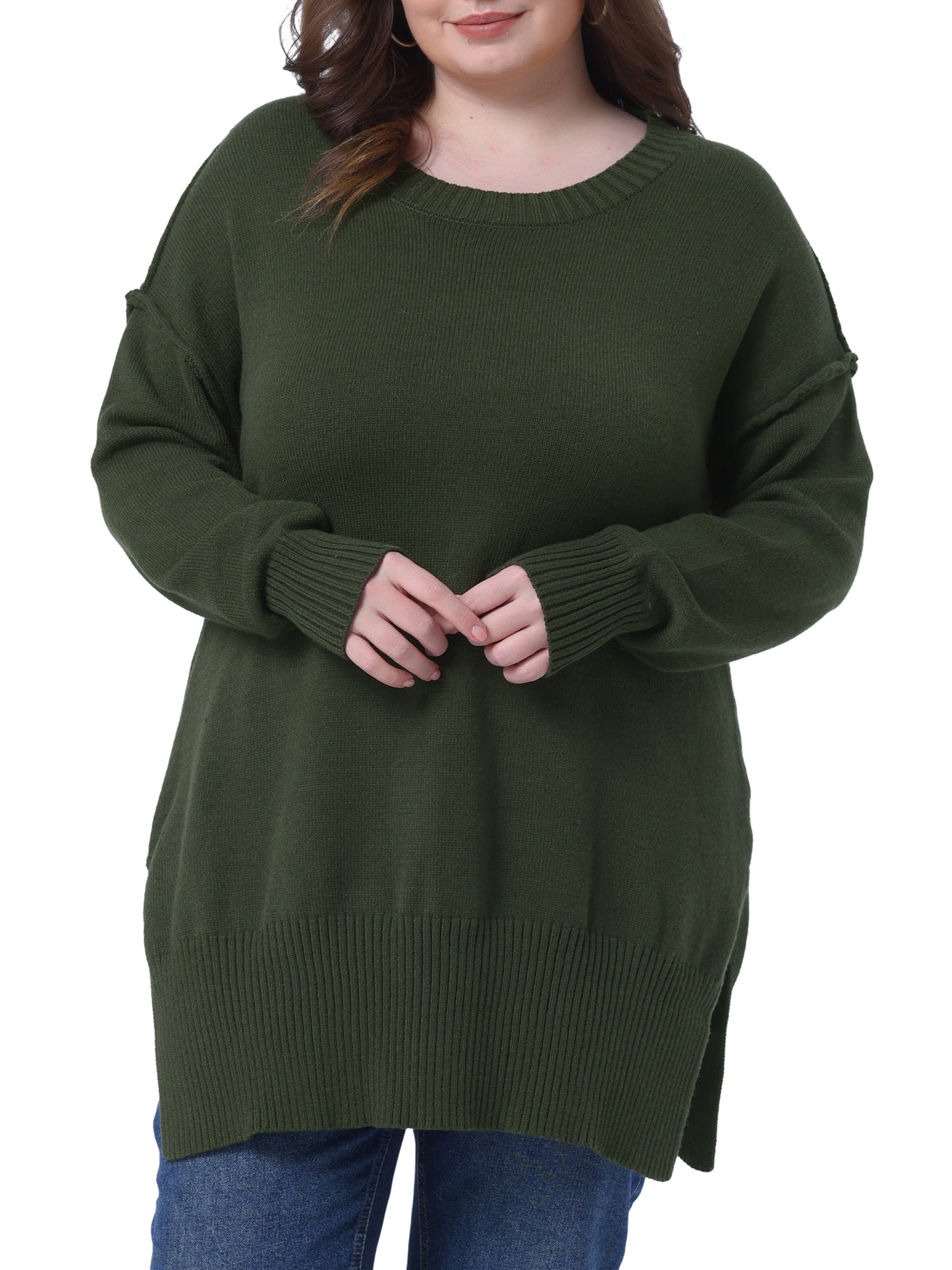 Women Plus Size Sweater Oversized Crew Neck Long Sleeve Slit hem Knit Pullover Sweater Tops