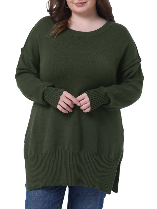 Women Plus Size Sweater Oversized Crew Neck Long Sleeve Slit hem Knit Pullover Sweater Tops