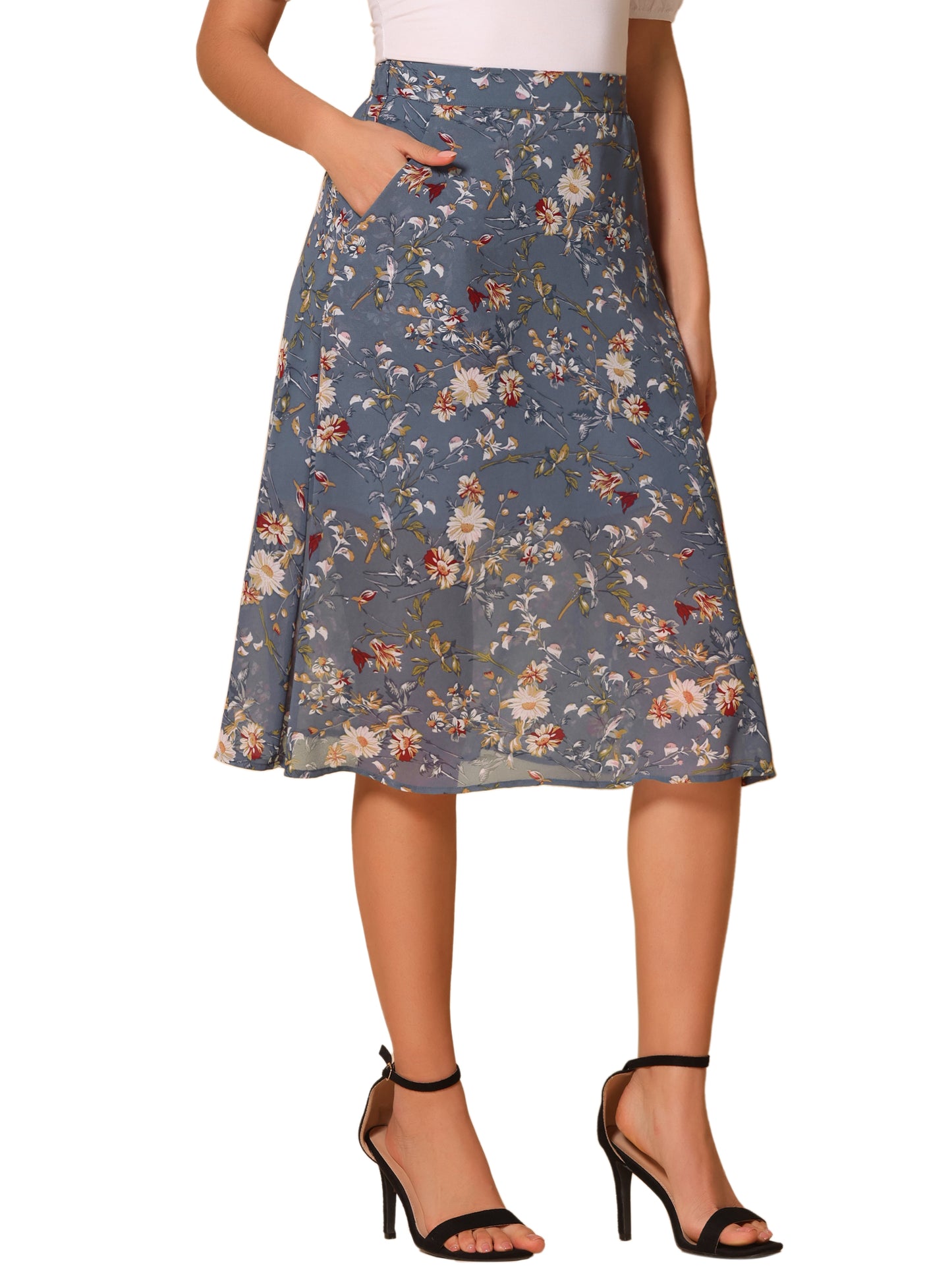 Falda midi de gasa con estampado floral para mujer, corte A, verano