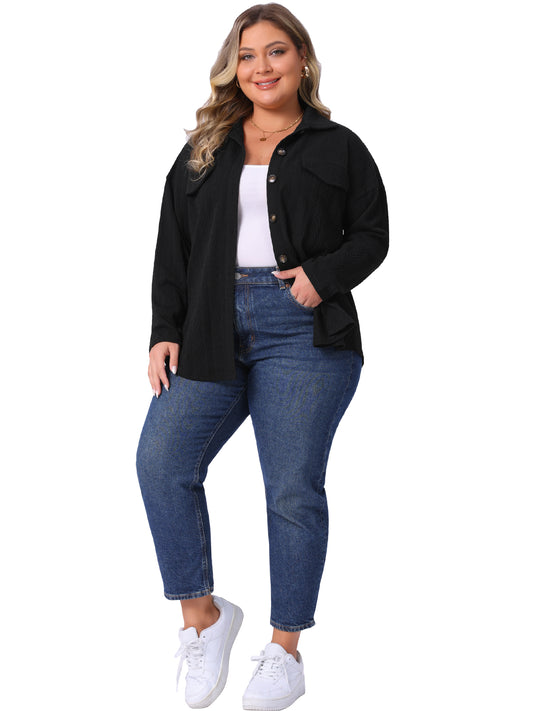Women Plus Size Knit Shacket Jacket Casual Long Sleeve Lapel Button Down Overshirt Top