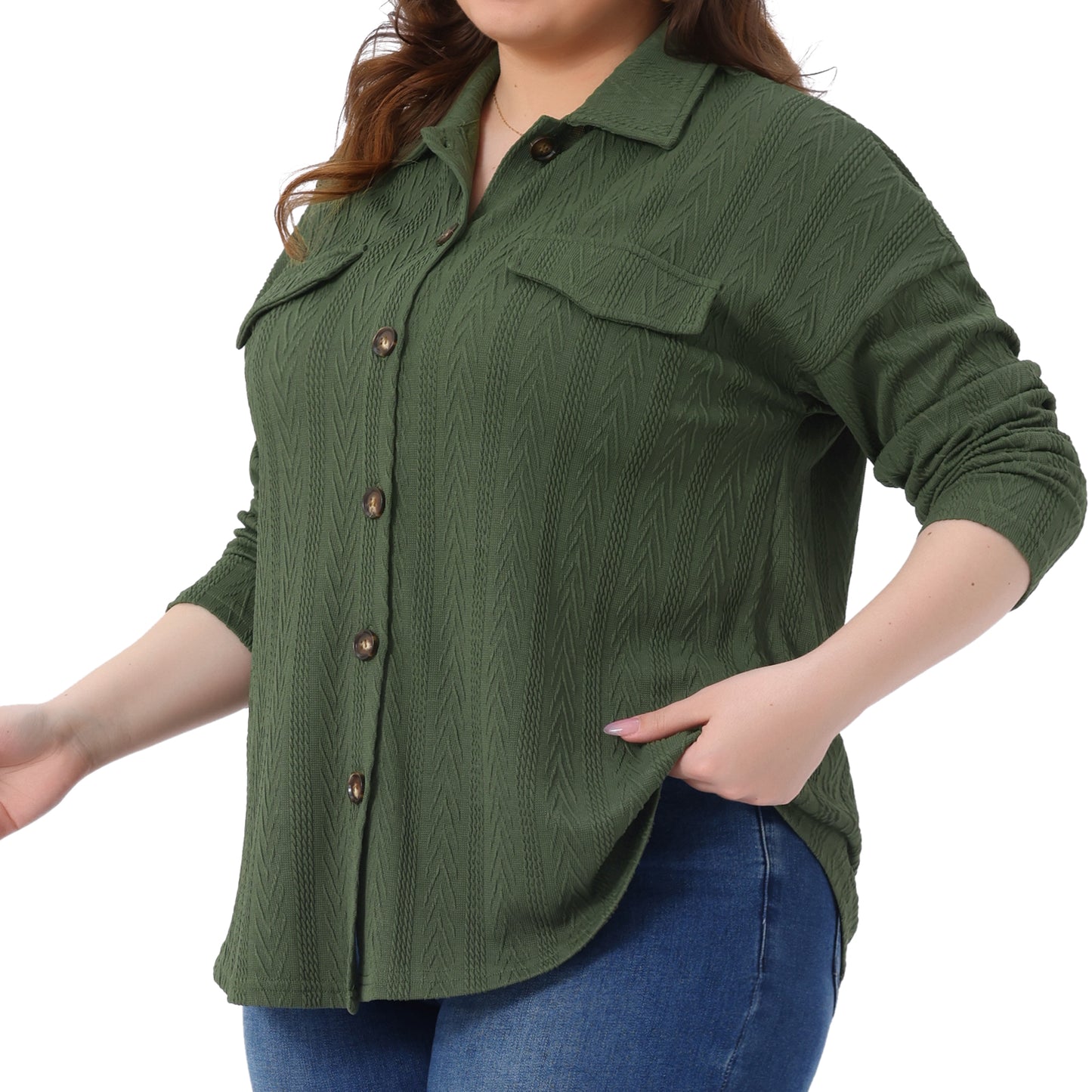 Women Plus Size Knit Shacket Jacket Casual Long Sleeve Lapel Button Down Overshirt Top