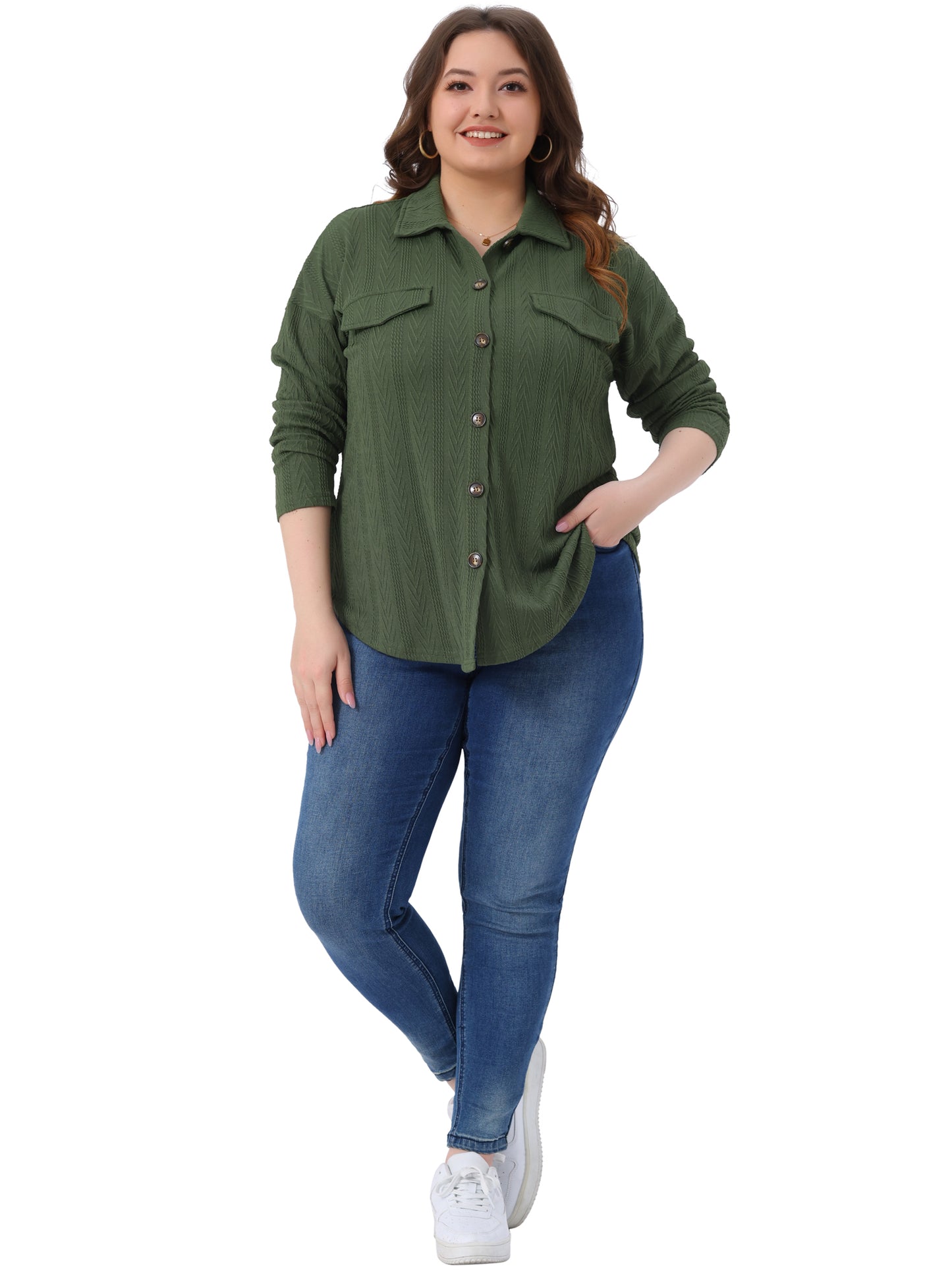 Women Plus Size Knit Shacket Jacket Casual Long Sleeve Lapel Button Down Overshirt Top