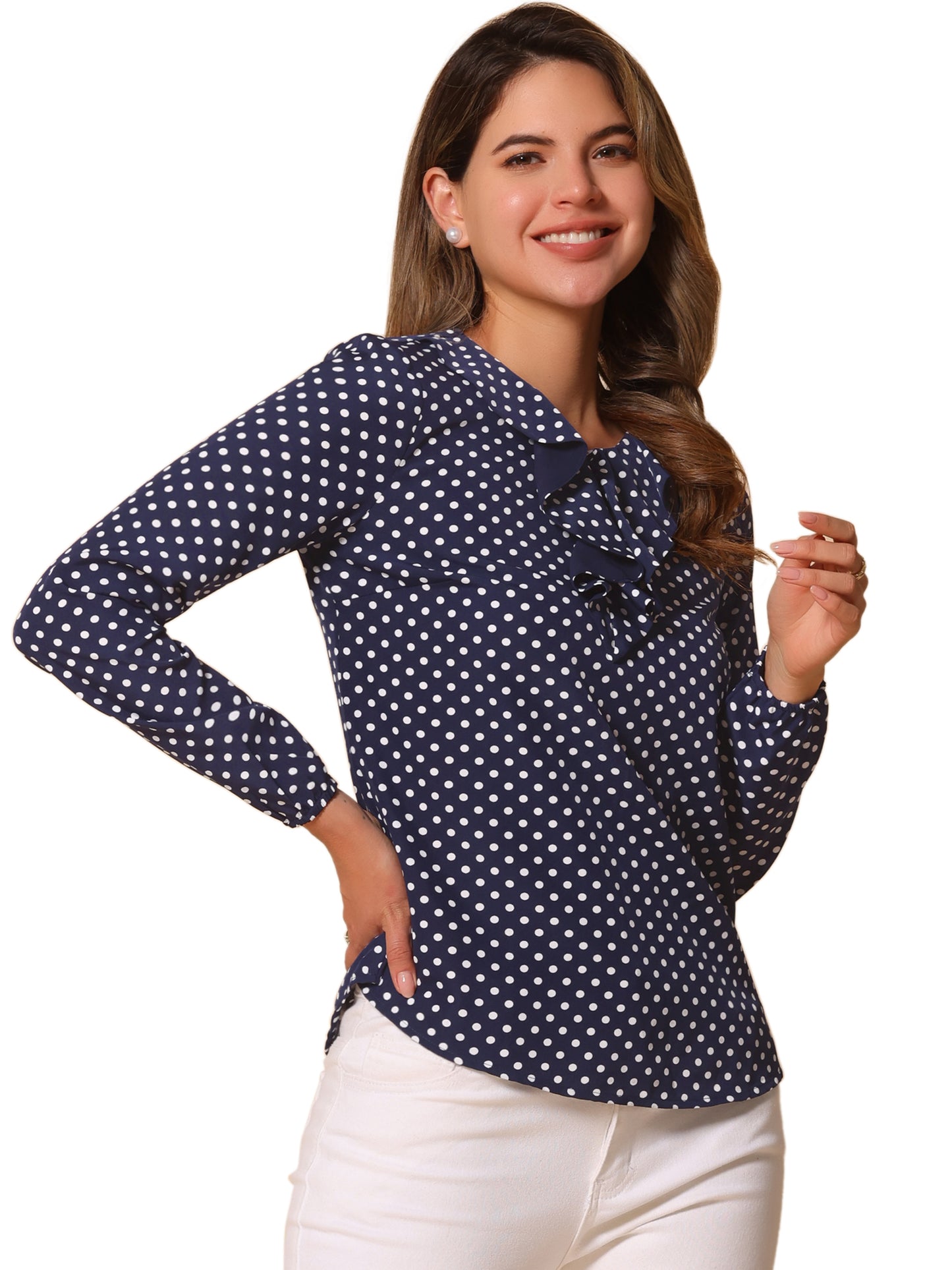 Women's Ruffle Neck Chiffon Top Long Sleeve Casual Office Blouse