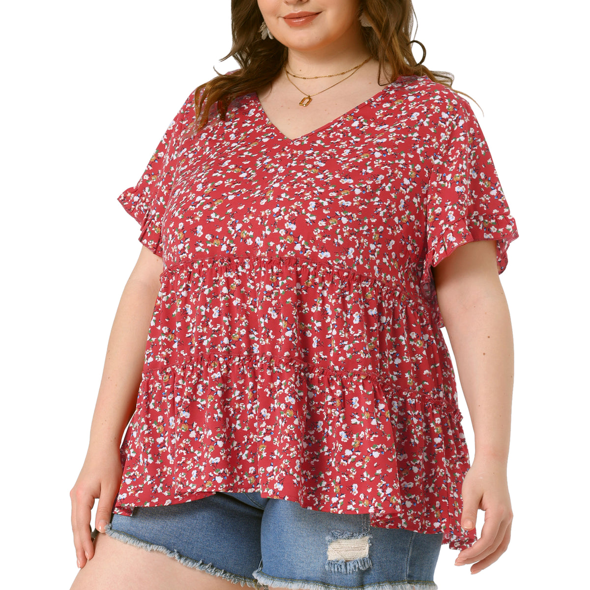 Women's Plus Size Summer Top V Neck Short Sleeve Boho Floral Babydolls Blouse