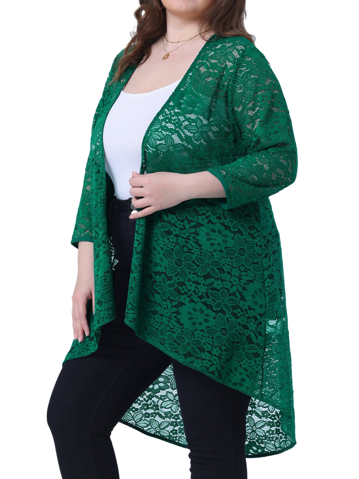 Women's Plus Size Cardigan Lace Crochet High Low 3/4 Sleeve Open Front Sheer Kimonos Cover Up