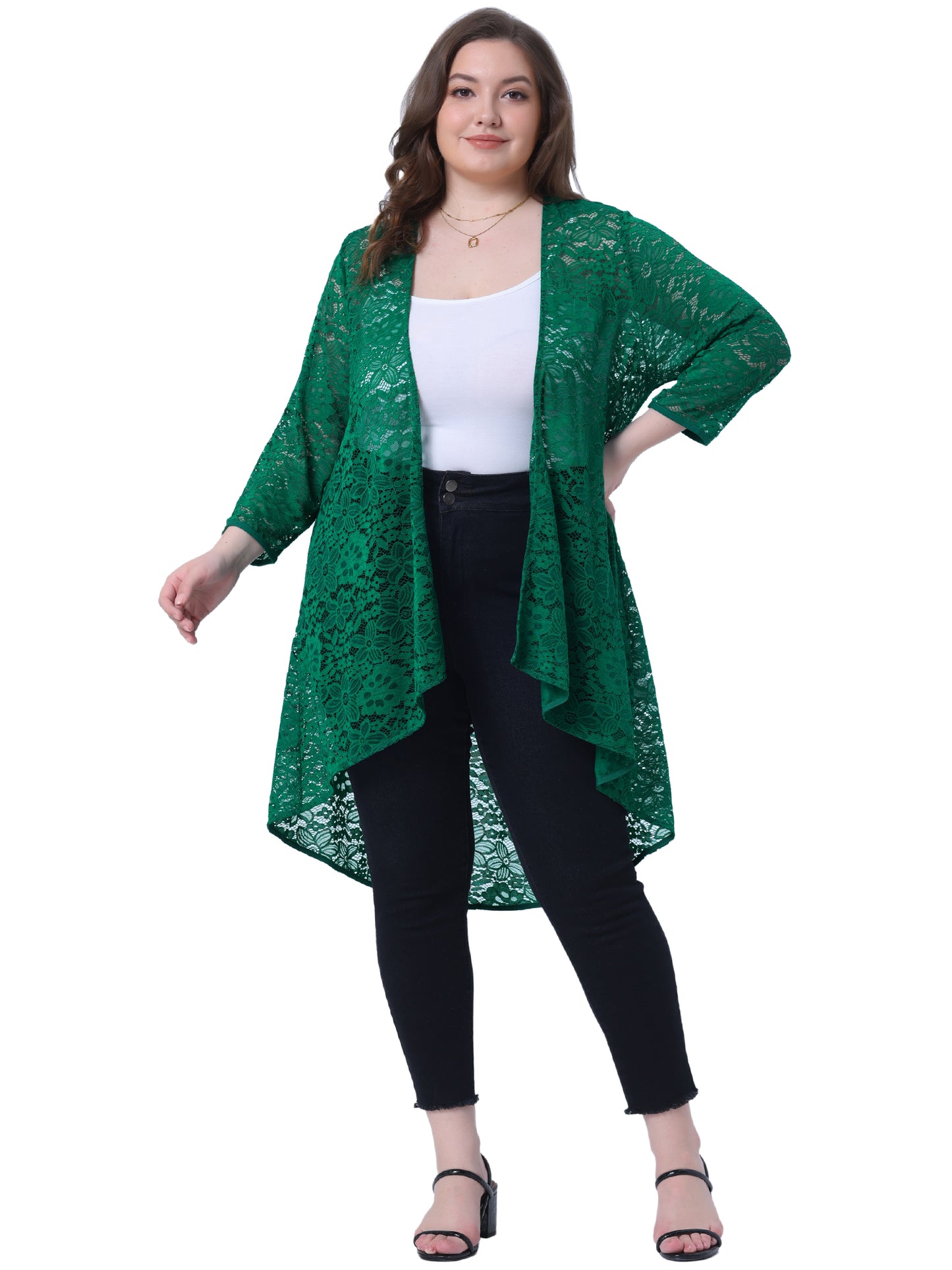 Women's Plus Size Cardigan Lace Crochet High Low 3/4 Sleeve Open Front Sheer Kimonos Cover Up