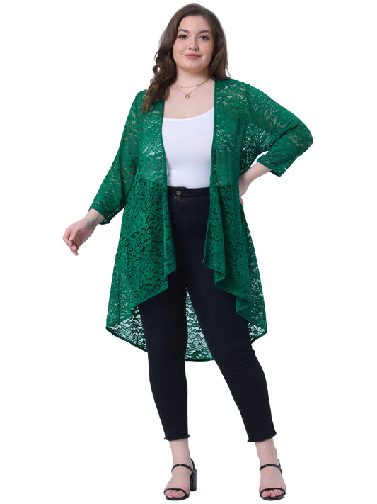 Women's Plus Size Cardigan Lace Crochet High Low 3/4 Sleeve Open Front Sheer Kimonos Cover Up