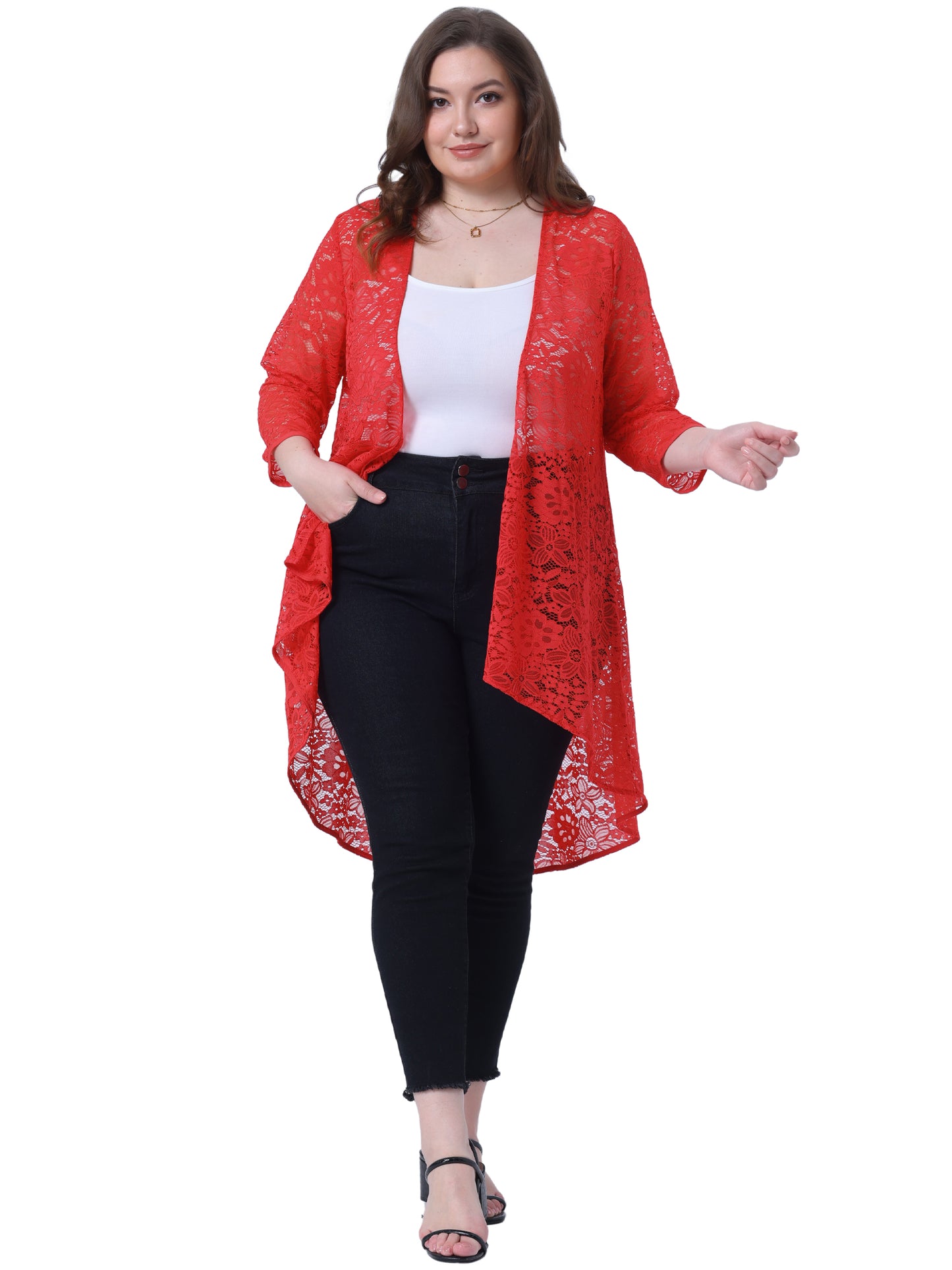 Women's Plus Size Cardigan Lace Crochet High Low 3/4 Sleeve Open Front Sheer Kimonos Cover Up