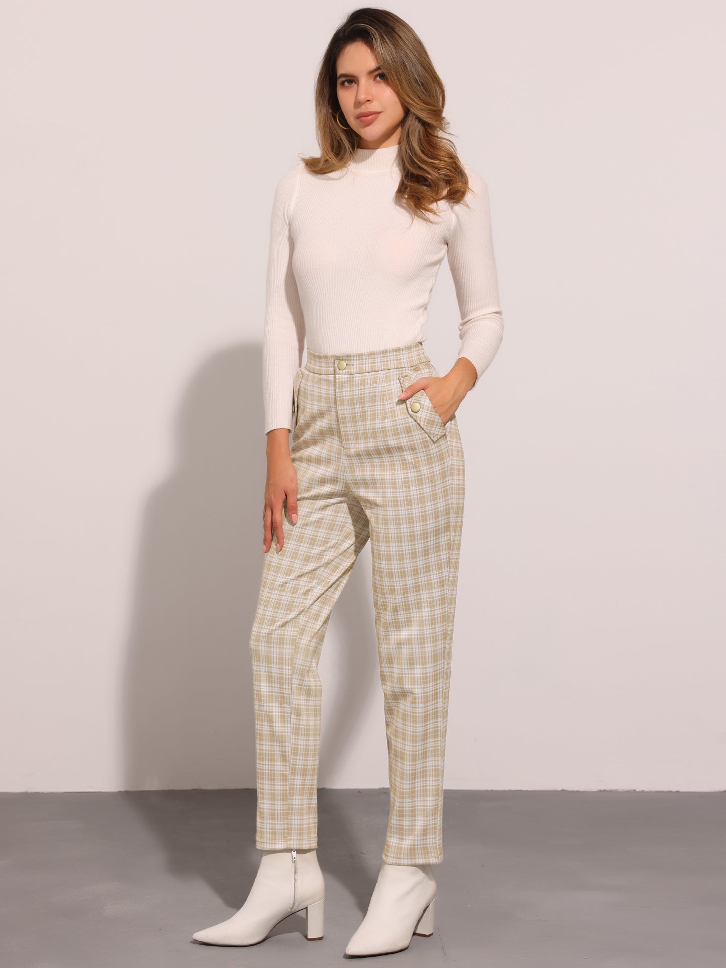 Pantalones de tartán retro para mujer, cintura elástica, rectos y largos