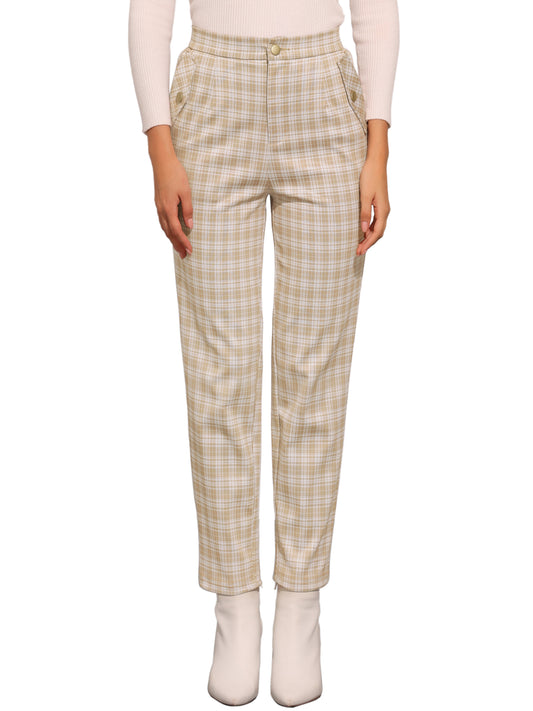 Women's Retro Tartan Plaid Pants Elastic Waist Straight Long Trousers