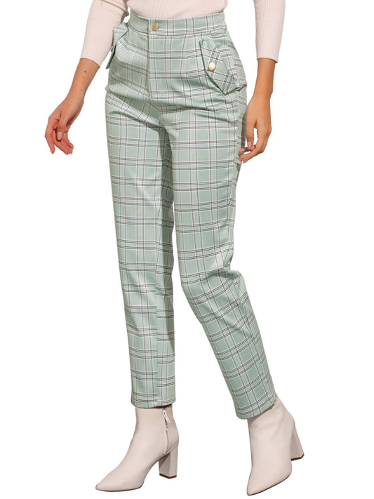 Women's Retro Tartan Plaid Pants Elastic Waist Straight Long Trousers