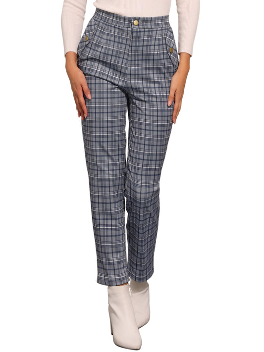 Women's Retro Tartan Plaid Pants Elastic Waist Straight Long Trousers