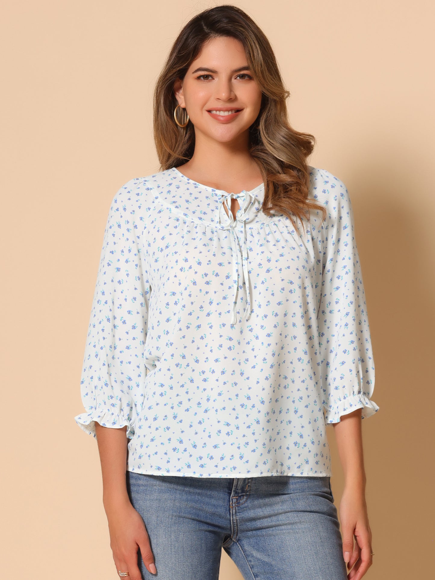 Women's Tie Neck 3/4 Sleeve Floral Blouse Bow Top