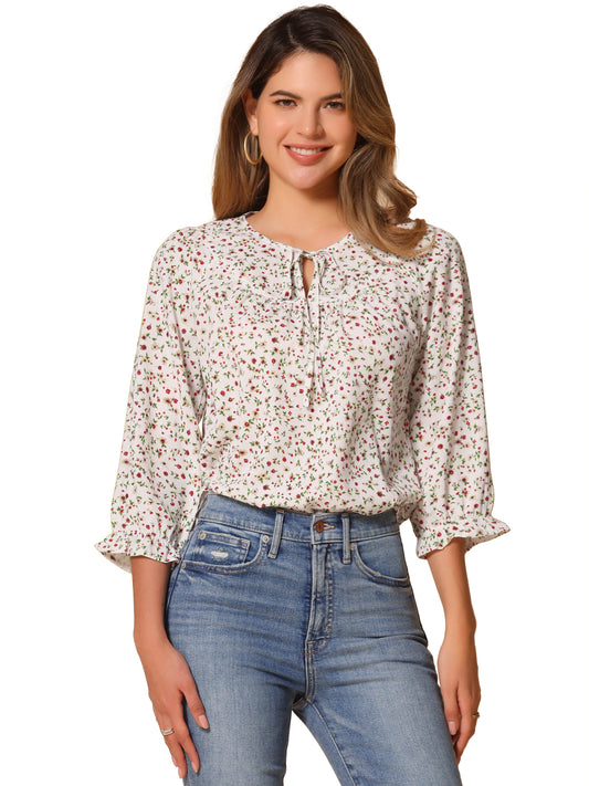 Women's Tie Neck 3/4 Sleeve Floral Blouse Bow Top