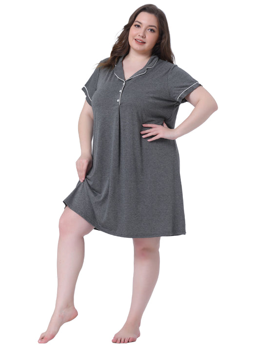 Women Plus Size Sleep Shirt Short Sleeves Pajama Button Down Nightgown Nightdress Sleepwear