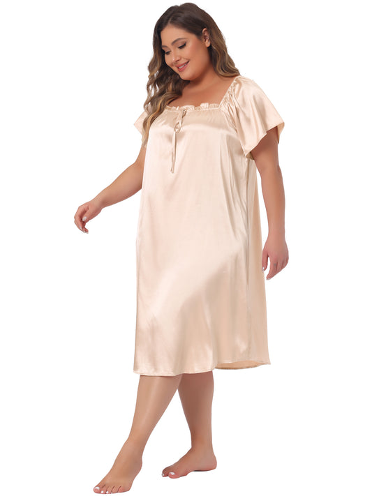 Women Plus Size Satin Silk Nightgown Pleated Loose Sleepwear Sleep Dress