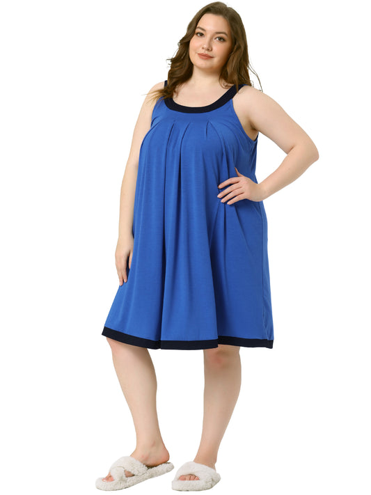 Women Plus Size Nightgown Sleeveless Contrast Color Wide Strap Pleated Sleepwear