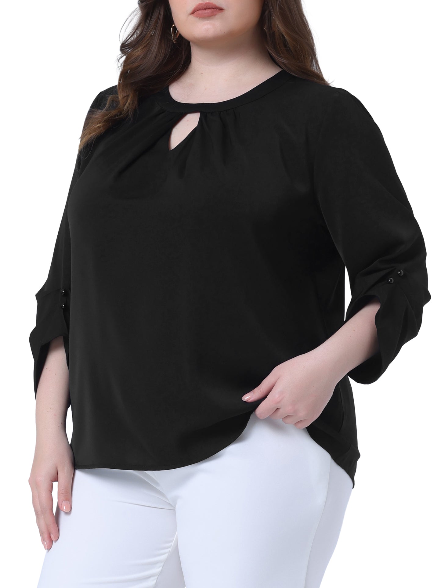 Women's Plus Size Business Work Pleated Blouses Crewneck Keyhole 3/4 Sleeve Top