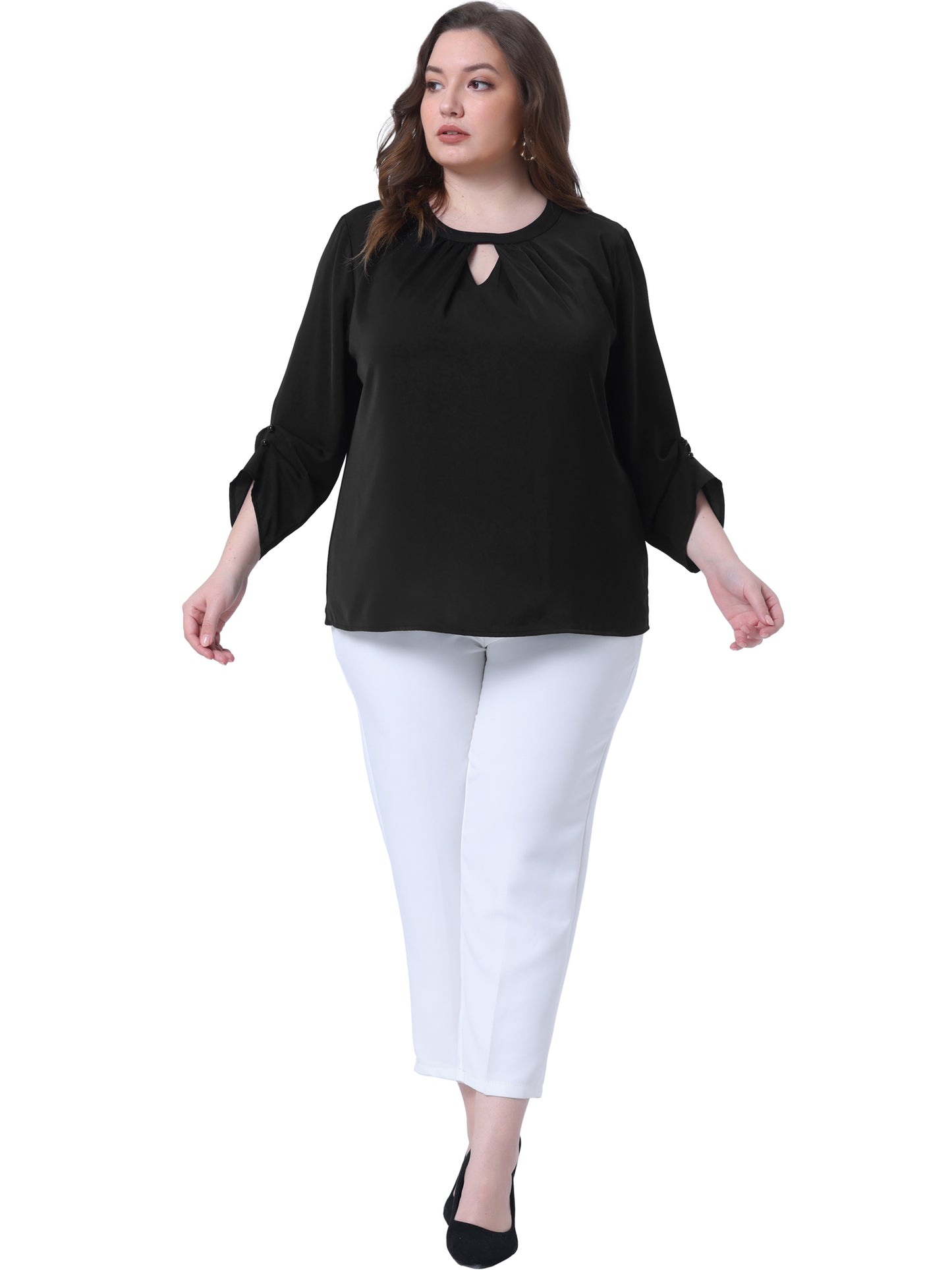 Women's Plus Size Business Work Pleated Blouses Crewneck Keyhole 3/4 Sleeve Top