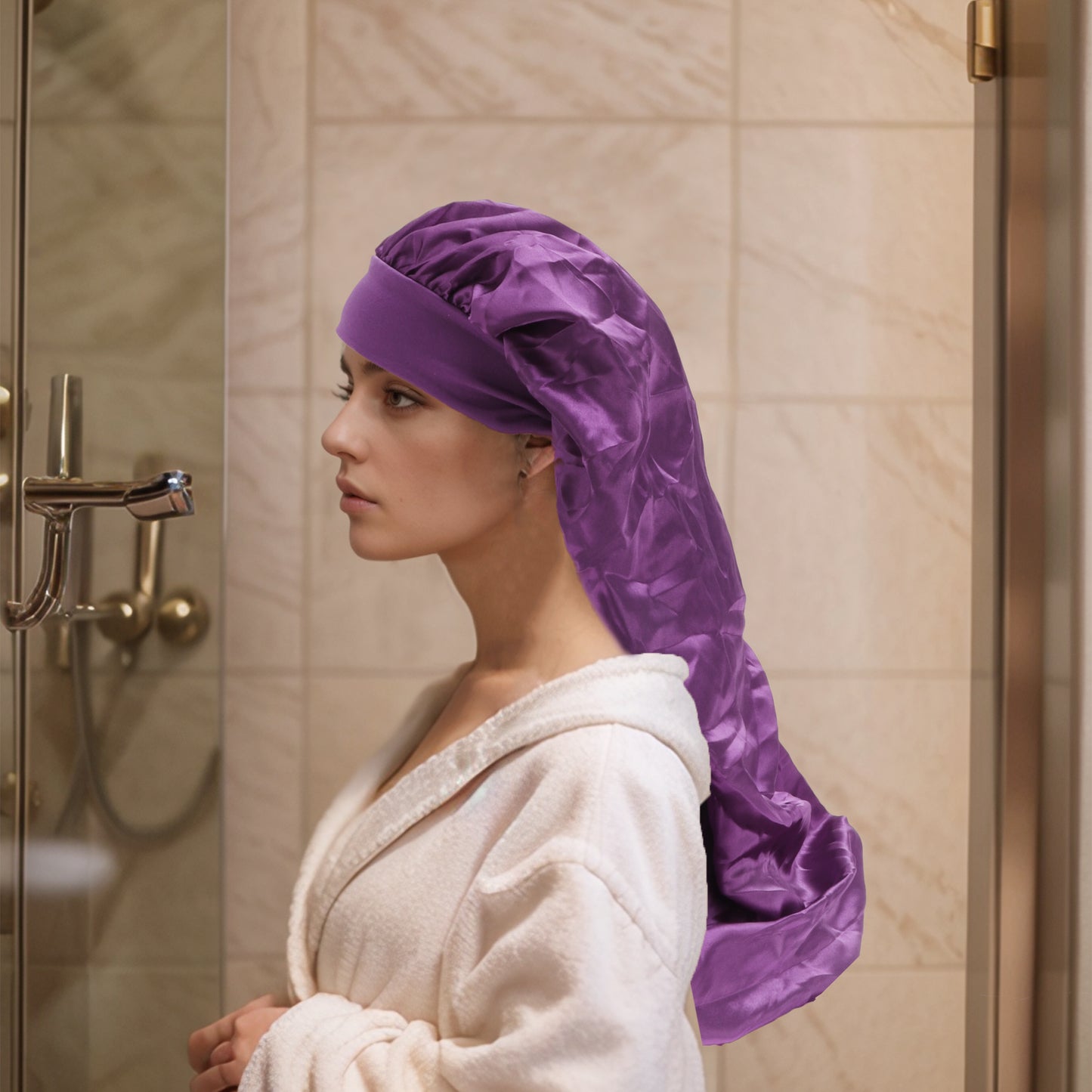 1 Pc Durable Bow Long Shower Cap for Bathroom Dark Purple