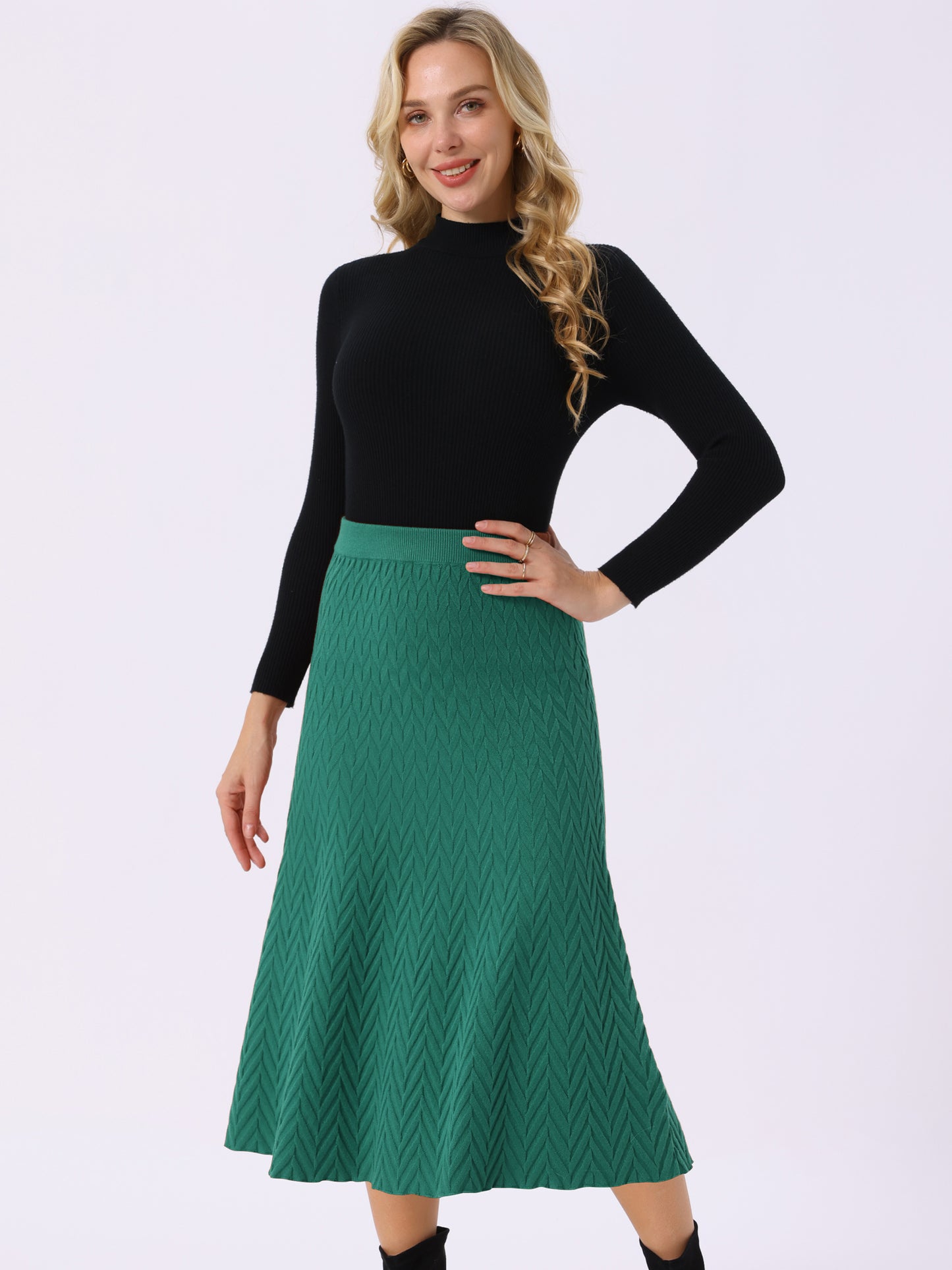 Faldas de punto acanalado para mujer, corte A, cintura alta elástica, estilo suéter, falda midi